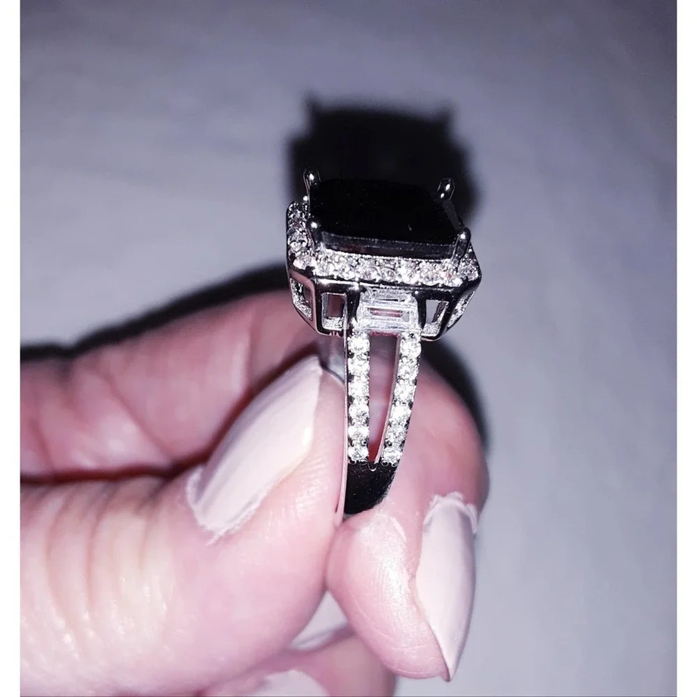 Black Sapphire & Diamond Sz 9 Marked 925 Silver Cocktail Ring NIB - Picture 1 of 6
